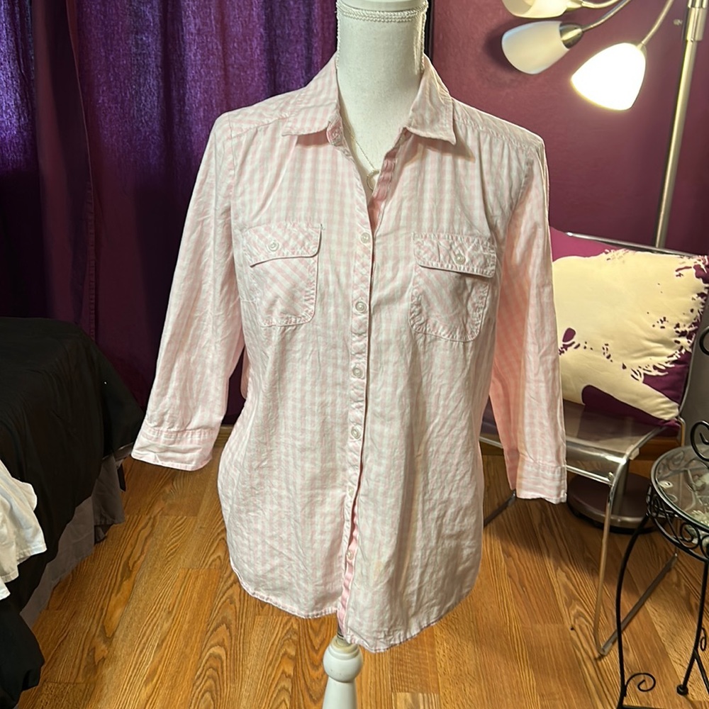 Pink gingham check blouse, sz M, C&B - Picture 1 of 7